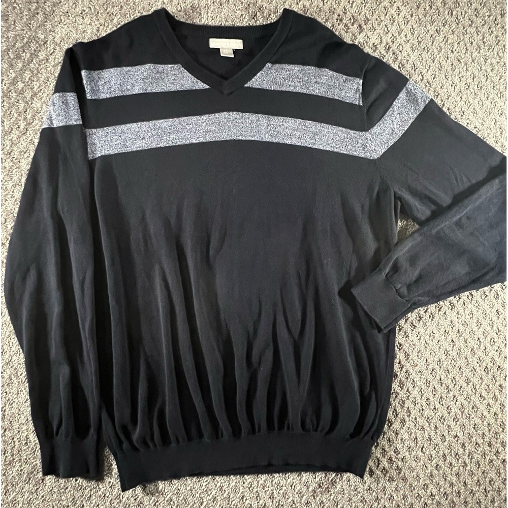 Grayson & Dunn Men's XL Sweater Navy & Gray Stripe V-Neck Pullover Cotton‎